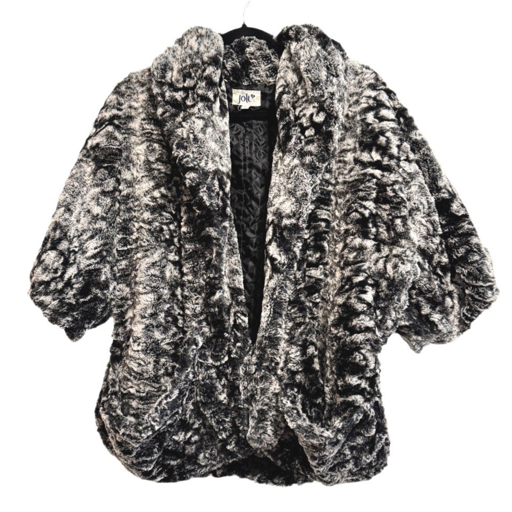 JOLT Faux Fur Open Front Jacket Gray Black & White Super Soft‎ M Quilted Lining